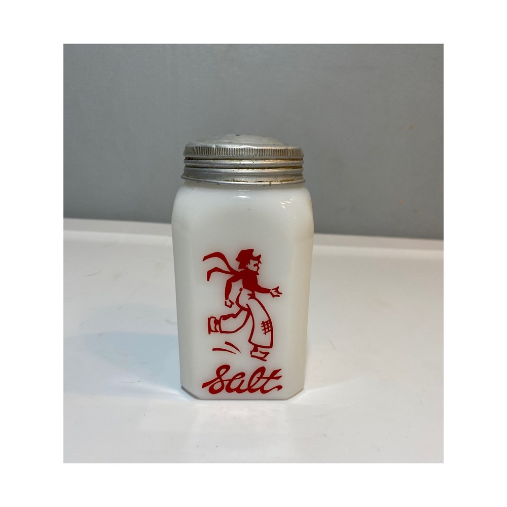 Vintage Milk Glass Salt Shaker Red Dutch Boy Graphic Retro Kitchenware White